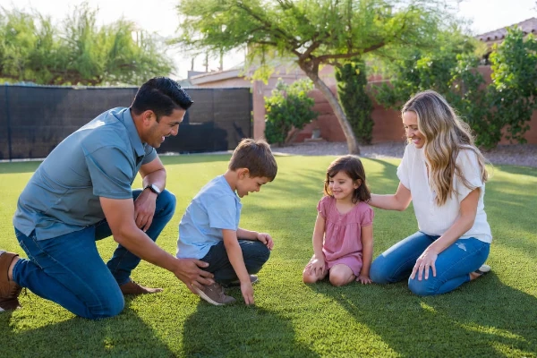Family enjoying artificial grass lawn in Phoenix